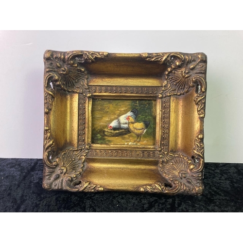 425 - Acrylic on board miniature painting depicting chickens in a good gilt frame that measures approx 17c... 