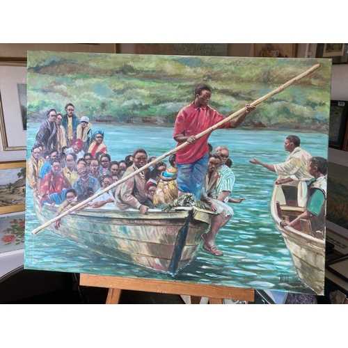 431 - Acrylic on canvas painting of an African ferry boat scene, Indistinctly signed, unframed. Approx 102... 