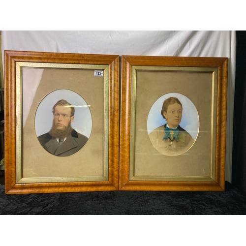 433 - Pair of hand-coloured photograph portraits in wooden frame. Photographs 1876. Frames approx 62cm x 4... 