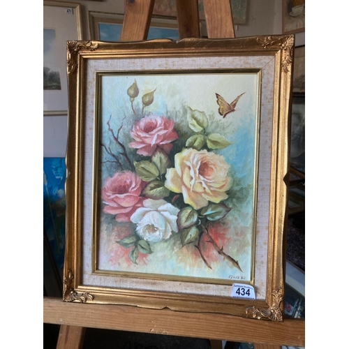 434 - Acrylic on board depicting roses and a butterfly by Val Giles. Frame approx 45cm x 37cm