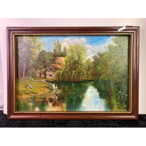 435 - Acrylic on board depicting fishing in a river by a cottage. Indistinctly signed. Frame approx 48cm x... 