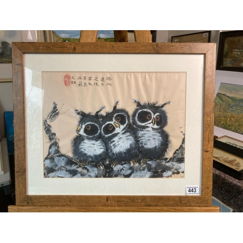 443 - Oriental painting of 3 owls. Measures approx 46cm x 56cm