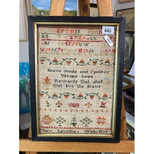 446 - Framed sampler dated 1809. Measures approx 43cm x 31cm