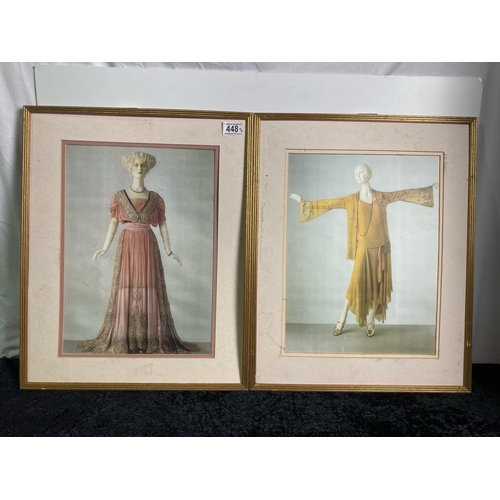 448 - A pair of framed pictures of vintage dresses unglazed, slightly marked. Frame measures approx 53cm x... 