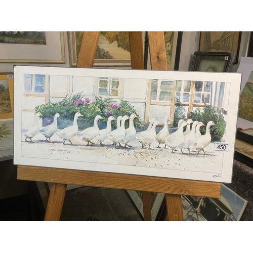 450 - Print on board by Devina Darton depicting geese (honk honk) Measures approx 35cm x 64cm