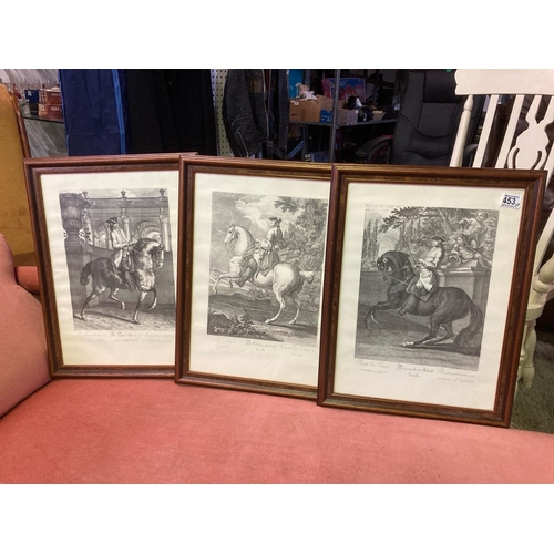 453 - Three framed vintage prints depicting men on horseback. Measures approx 50cm x 39cm