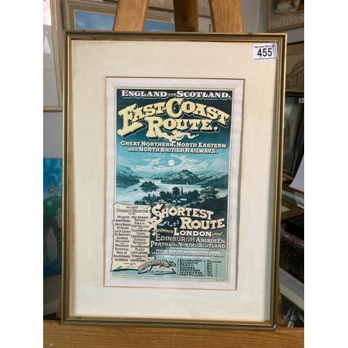 455 - Framed (loose) and unglazed poster of England and Scotland East Coast Railway route. Measures approx... 