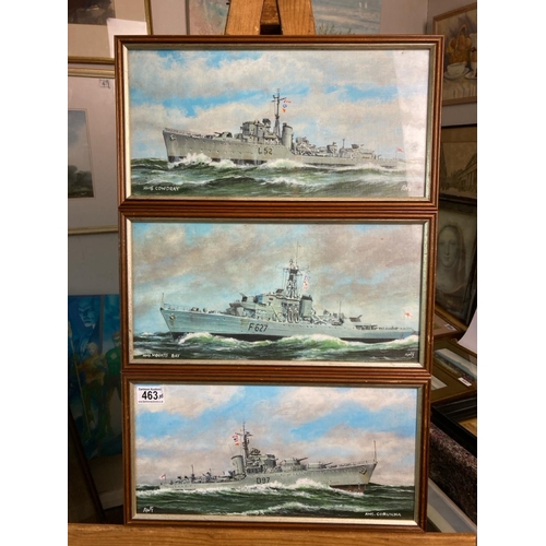 463 - 3 prints on board of naval ships. HMS Corunna, HMS Cowdray, HMS Mounts Bay. 2 are glazed. Frames app... 