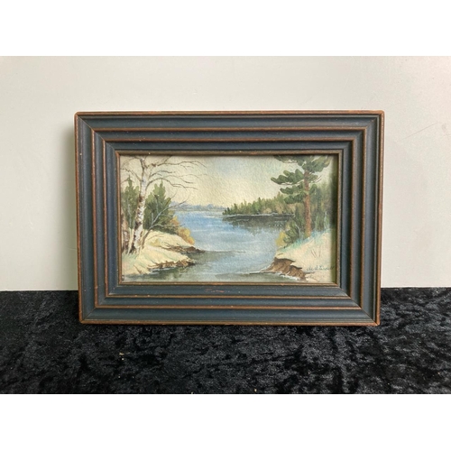 465A - Small framed watercolour of a river scene, signed ‘Esdell’? Frame approx 13cm x 18cm