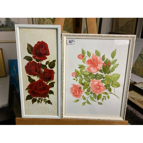 467 - 1 acrylic and 1 watercolour of painting of roses. Approx 47cm x 20cm and 44cm x 34cm