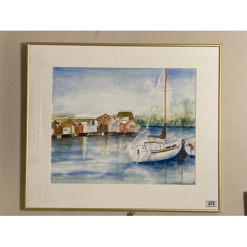 470 - A framed watercolour signed Mary Rogers? depicting moored boats on a river. Approx 60cm x 70cm