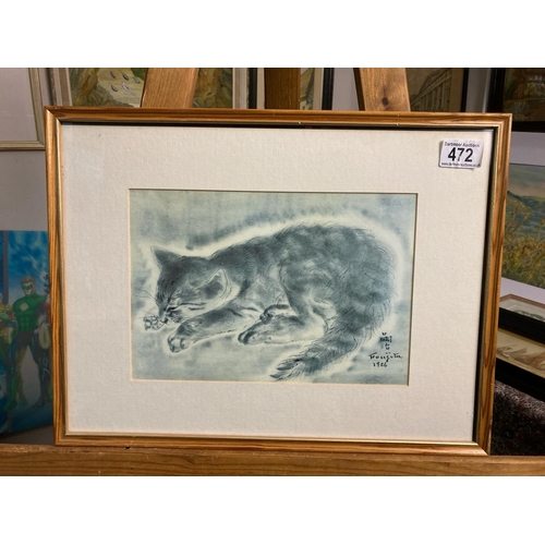 472 - An Oriental print of a cat (miaow) by Fougita 1926. Approx 32cm x 43cm