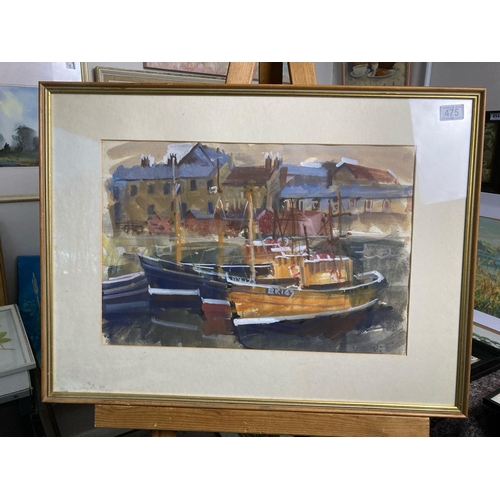 475 - A framed watercolour of fishing boats in a harbour. Approx 57cm x 76cm