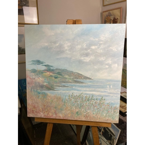 477 - An oil on canvas of view from St Mawes by Rosemary Lawrence. Approx 70cm x 70cm