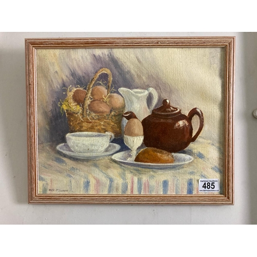 485 - Acrylic on canvas entitled ‘A breakfast egg’ by Helen McIlwraith. Approx 30cm x 39cm