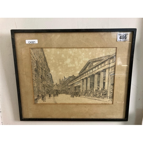 486 - An etching print of a city scene 1938. Some discoloration Approx 33cm x 40cm