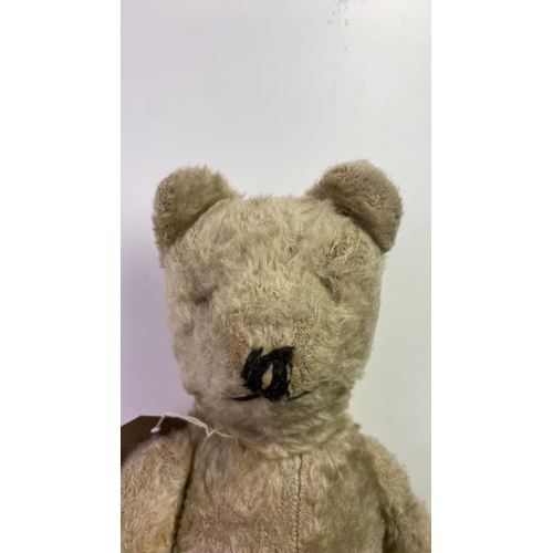 49 - Vintage teddy bear, shaved muzzle, stitched nose, no maker’s mark, approx 48cm ear to paw, needs new... 