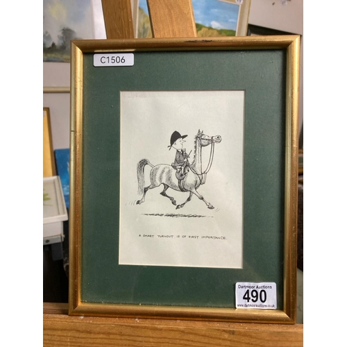 490 - A framed print of  a horse and rider. Approx 27cm x 22cm