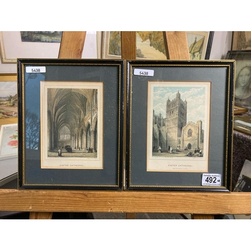 492 - A pair of framed colour plates of Exeter Cathedral. Approx 27cm x 42cm