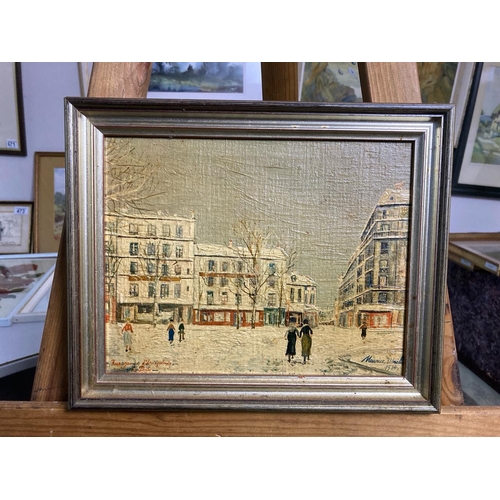 496 - A framed picture of a Paris street scene dated 1934. Approx 24cm x 29.5cm