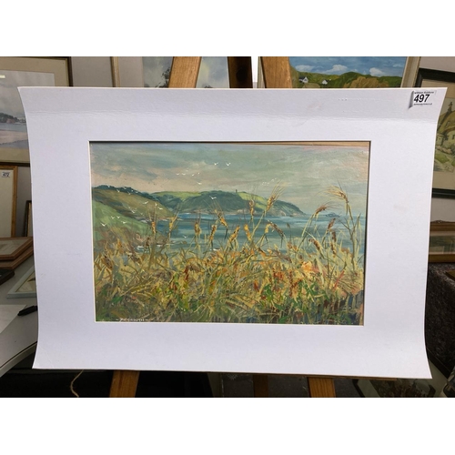 497 - Mounted acrylic painting of a Dartmouth coastal scene by Desmond Johnson. Mount measures approx 48cm... 