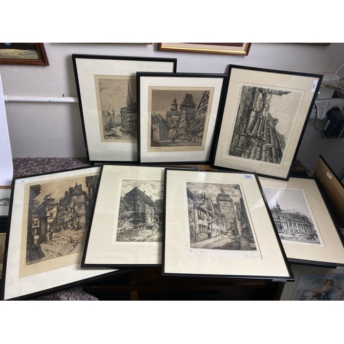 507 - 7 framed prints of city scenes some signed- various sizes