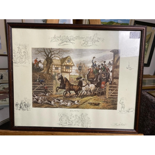 508 - A framed print by Frank Palou depicting a carriage and hunting scene. Approx 43cm x 53cm