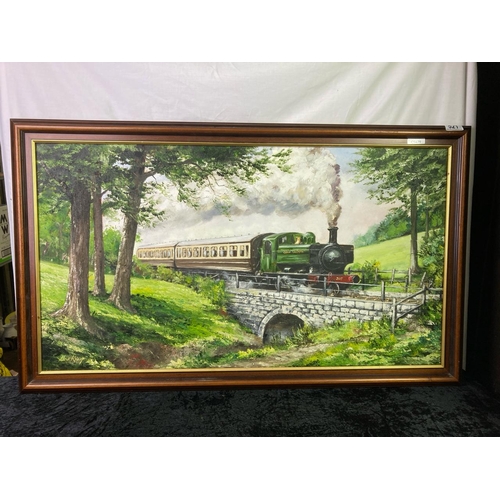 521 - Oil on canvas depicting a Great Western railway train by Alan King. Approx 60cm x 100cm