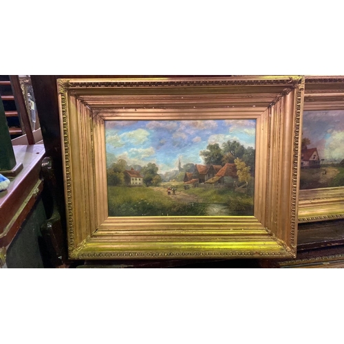 523 - Oil on canvas in gilt frame of a countryside farming scene by WR Stone (William Richard Stone). Appr... 