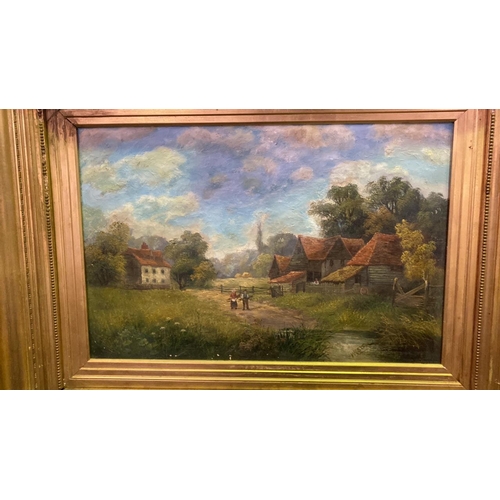 523 - Oil on canvas in gilt frame of a countryside farming scene by WR Stone (William Richard Stone). Appr... 