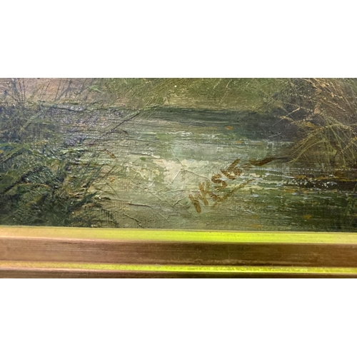 523 - Oil on canvas in gilt frame of a countryside farming scene by WR Stone (William Richard Stone). Appr... 