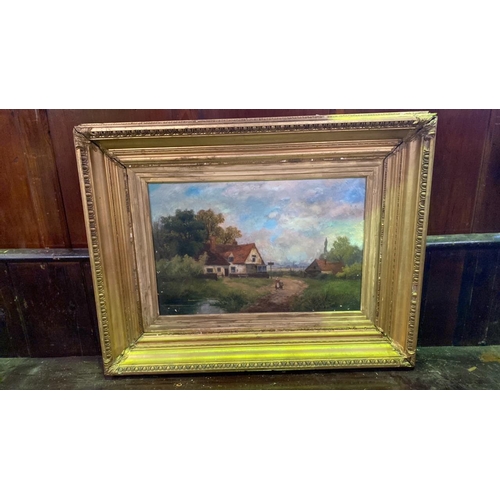 523a - Oil on canvas in gilt frame of a countryside farming scene by WR Stone (William Richard Stone). Appr... 