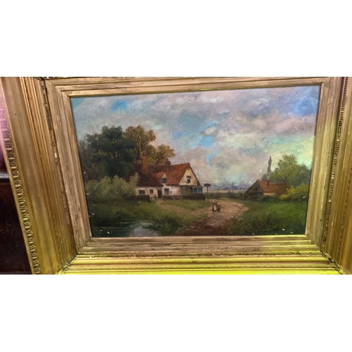 523a - Oil on canvas in gilt frame of a countryside farming scene by WR Stone (William Richard Stone). Appr... 