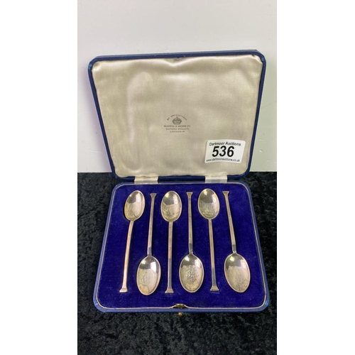 536 - Cased set of six silver nail top coffee spoons, Mappin and Webb, Sheffield 1957, total weight 46g