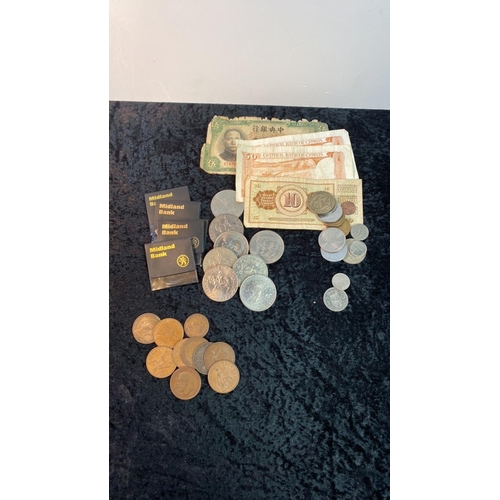 608 - Old English pennies, a selection of foreign notes and coins and a number of commemorative British co... 