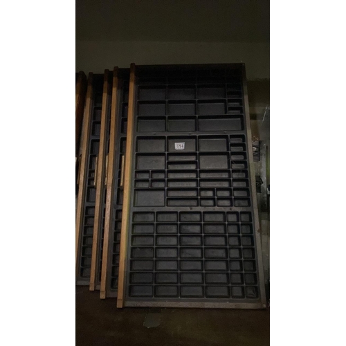 614 - Another four printer’s font drawers with wooden fronts, original handles, and plastic inserts. Appro... 