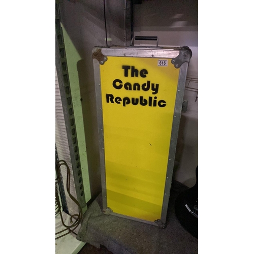 616 - ‘The Candy Republic’ roady’s carrying case in a lovely yellow. Approx L98cm W39cm D23cm