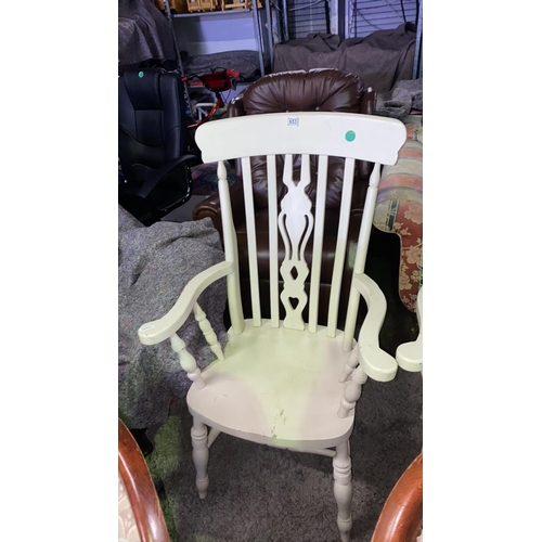 653 - Large white painted wooden kitchen carver chair, H114cm x W67cm