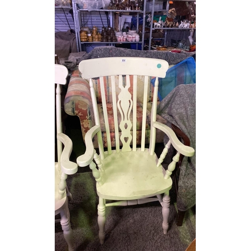 654 - Large white painted wooden kitchen carver chair, H114cm x W67cm