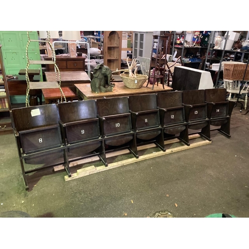 659 - Row of seven vintage wooden cinema seats - Measure approx 354cm across and 87cm tall. (attached in o... 