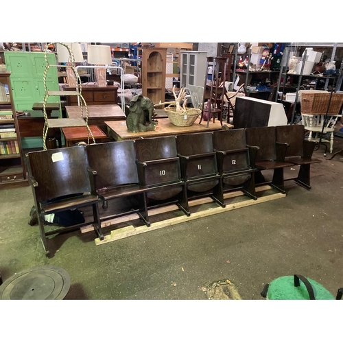 659 - Row of seven vintage wooden cinema seats - Measure approx 354cm across and 87cm tall. (attached in o... 