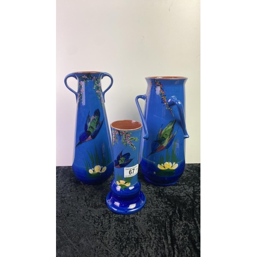 67 - Three Longpark, Torquay kingfisher vases, approx 31, 29.5 and 20cm tall