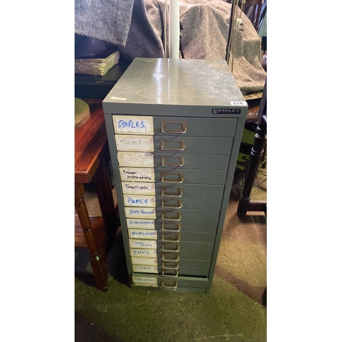 676 - A 15-drawer Bisley metal office filing cabinet. Approx H86cm, W35cm, D46cm.