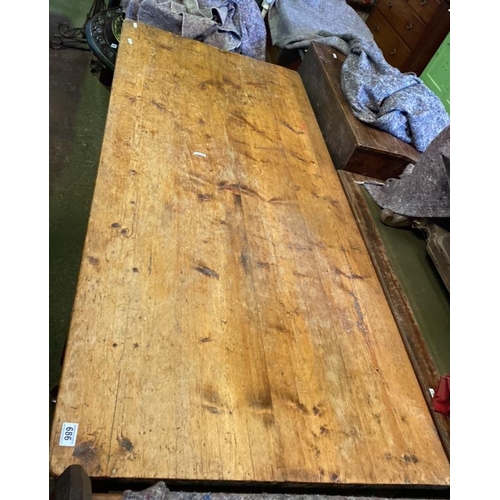 686 - A superb pine-topped kitchen table with solid construction and some age. Approx L182cm H73cm D84cm. ... 