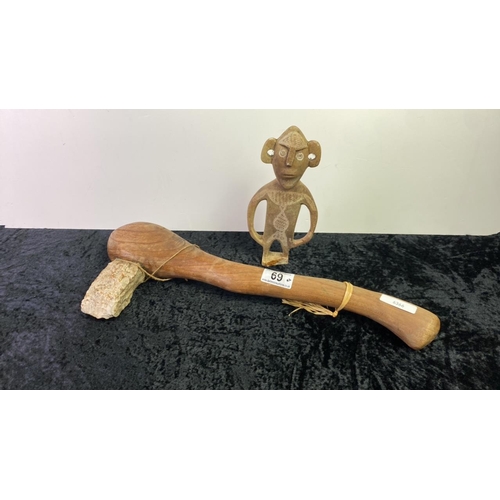 69 - Wooden handled stone axe along with an ethnic carved soapstone figure