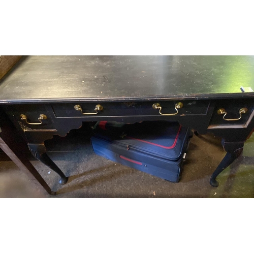 699 - A neat hall table or small desk with brass furnishings. Approx H77cm L110cm D55cm.