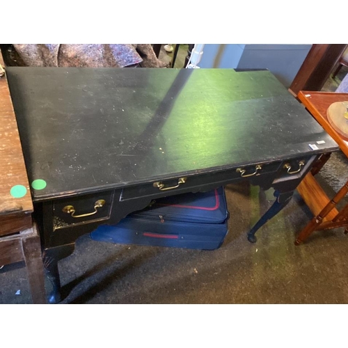 699 - A neat hall table or small desk with brass furnishings. Approx H77cm L110cm D55cm.