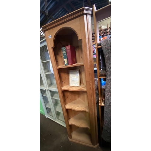 711 - A modern pine corner unit with 4 shelves. Approx H183cm, W53cm at widest point, D30cm to centre back