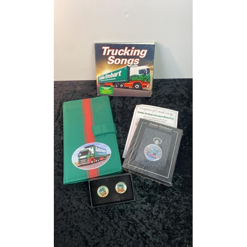 830 - Collection of Eddie Stobart memorabilia Inc silver plated pocket watch, cd of Trucking songs, cuff l... 