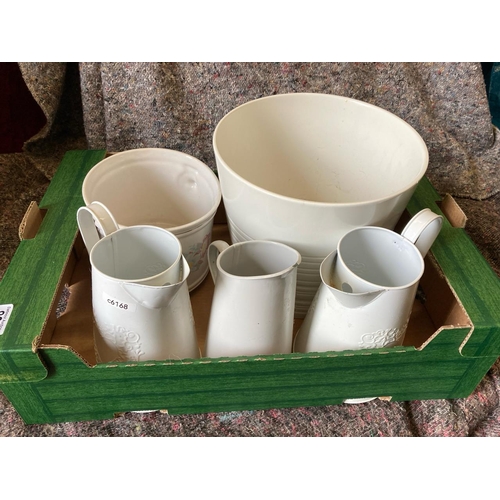 832 - White modern enamelware jugs and 2 large ceramic indoor plant pots